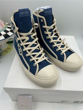 Men's Jimmy Choo high top logo denim sneakers size 43.5 nwt